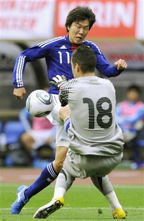 エースFWとして活躍を期待される永井謙佑。(6月1日のオーストラリアとの強化試合でゴールを決めた、共同)