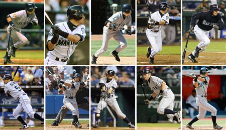 イチローの2001年から2010年の年間200安打達成時の打撃(上段左から右に2001年から2005年、下段左から右に2006年から2010年、共同)