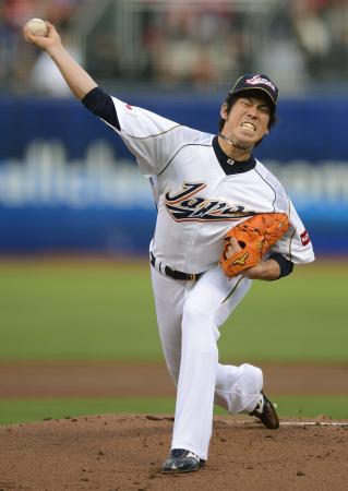 「Japan」のエースとして準決勝のプエルトリコ戦に先発し力投した前田健太(2013年3月18日、サンフランシスコ、共同)