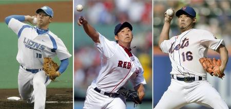 所属3球団での松坂大輔投手。左から2006年西武、2010年レッドソックス(ロイター=共同)、2014年メッツ(共同)