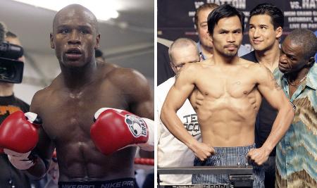 47戦全勝のフロイド・メイウェザー(左)とフィリピンの英雄、マニー・パッキャオ(AP=共同)