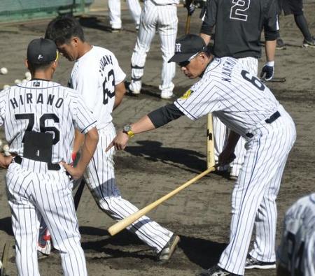 阪神の秋季キャンプが始まり、板山(中央)を指導する金本監督(右)=安芸