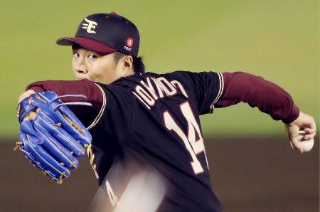 自身が持つプロ野球新記録を更新する8試合連続の2桁奪三振をマークした楽天・則本=Koboパーク宮城