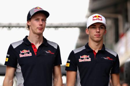 今季からトロロッソ・ホンダでコンビを組むピエール・ガスリー(右)とブレンドン・ハートレー=Getty Images/Red Bull Content Pool