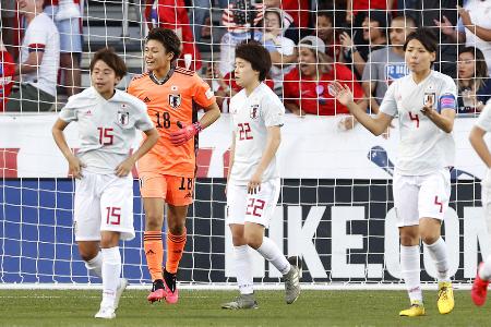 日本―米国 前半、米国に先制を許した(左から)田中、GK山下ら日本=フリスコ(共同)