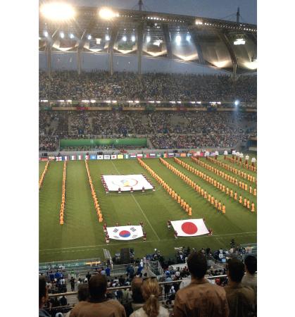 「日の丸」と韓国の「太極旗」がピッチに入場して始まったサッカーＷ杯の開会式＝２００２年５月３１日、ソウルＷ杯競技場（共同） 