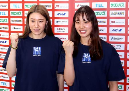 ポーズをとるバレーボール女子日本代表の石川主将(左)ら=29日、成田空港