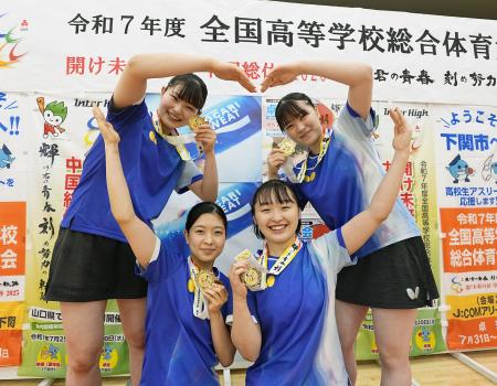 女子団体で優勝し、笑顔でポーズをとる星槎国際横浜の選手たち=JCOMアリーナ下関