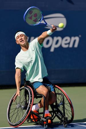 車いすの部男子シングルス準々決勝で勝利した小田凱人=ニューヨーク(共同)