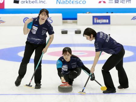 女子決勝の北海道銀行戦でショットを放つＳＣ軽井沢クの上野美＝横浜ＢＵＮＴＡＩ 
