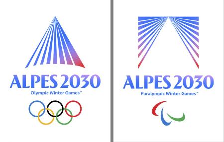 ２０３０年冬季五輪（左）とパラリンピックの大会エンブレム（組織委員会提供） 
